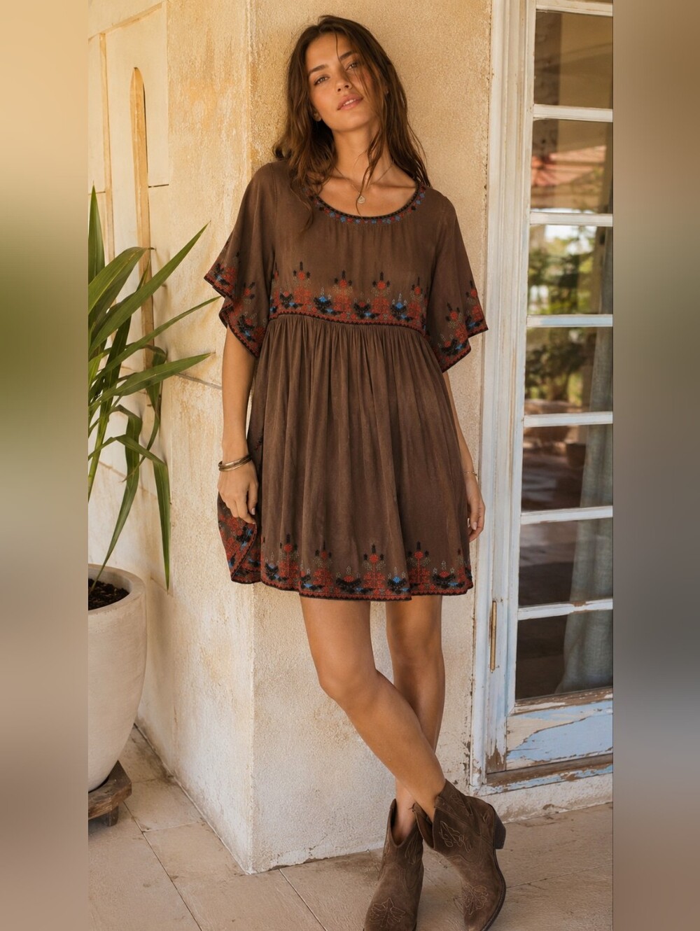 Boho Embroidered Brown Cotton Tiedye Babydoll Dress Small